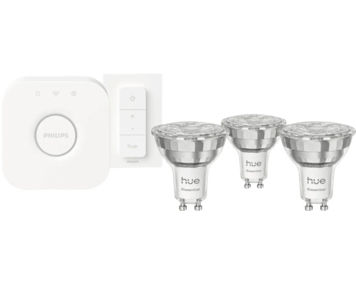 Philips Hue Starter Kit bestehend aus einer Bridge, einem Dimmschalter und drei GU10 LED Leuchtmitteln.
