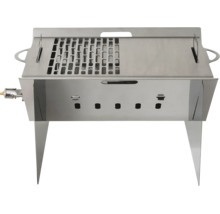 Tragbarer Grill aus Edelstahl mit kombiniertem Grillrost und glatter Grillplatte.