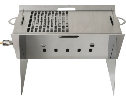 Tragbarer Grill aus Edelstahl mit kombiniertem Grillrost und glatter Grillplatte.