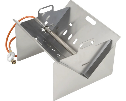 Gasbräter-Einsatz aus Edelstahl mit Brennrohr, Gasschlauch und Druckregler.
