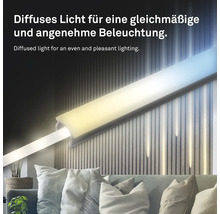 LED-Profil mit Abdeckung für gleichmäßige Beleuchtung an einer Wand aus Holzlamellen über einem Sofa.