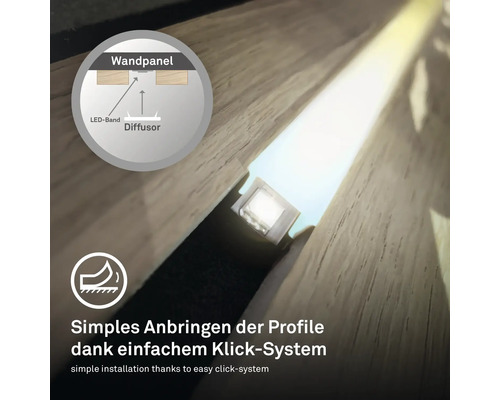 Montage eines LED-Profils zwischen Wandpaneelen mit einfachem Klick-System und Darstellung von LED-Band und Diffusor im Querschnitt.