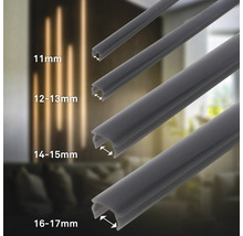 Vier verschiedene Grössen von grauen U-Profil-Dichtungen: 11 Millimeter, 12 bis 13 Millimeter, 14 bis 15 Millimeter und 16 bis 17 Millimeter.
