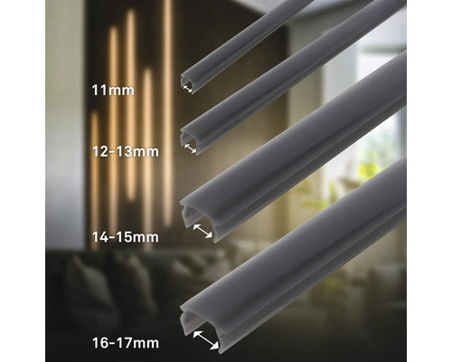 Vier verschiedene Grössen von grauen U-Profil-Dichtungen: 11 Millimeter, 12 bis 13 Millimeter, 14 bis 15 Millimeter und 16 bis 17 Millimeter.