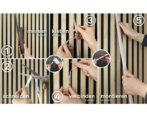 Anleitung für LED-Streifen auf Holzlamellen in fünf Schritten mit Briloner Logo: messen, schneiden, kleben, verbinden und montieren.