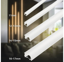 Vier weiße LED-Profil-Abdeckungen in den Größen 11, 12 bis 13, 14 bis 15 und 16 bis 17 Millimeter.