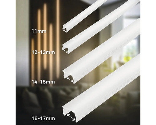 Vier weiße LED-Profil-Abdeckungen in den Größen 11, 12 bis 13, 14 bis 15 und 16 bis 17 Millimeter.