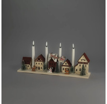 Décoration de Noël LED village d'hiver en bois avec 4 bougies, maisons, sapins et figurines.