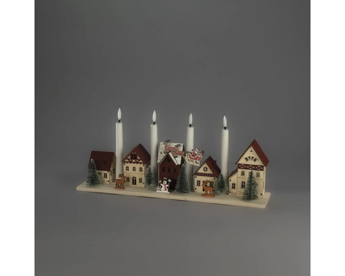 Décoration de Noël LED village d'hiver en bois avec 4 bougies, maisons, sapins et figurines.