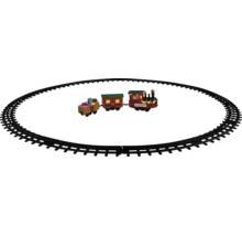 Set de train de Noël avec locomotive, deux wagons et rails circulaires.