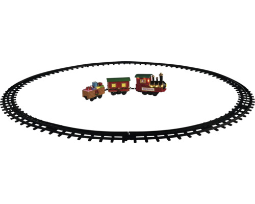 Set de train de Noël avec locomotive, deux wagons et rails circulaires.