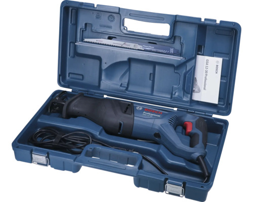 Scie sabre Bosch Professional GSA 12-30 dans son coffret de transport avec deux lames et mode d'emploi.