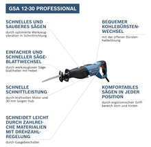 Bosch Säbelsäge GSA 12-30 Professional mit Merkmalen wie werkzeuglosem Sägeblattwechsel, Kohlebürstenwechsel und ergonomischem Griff.
