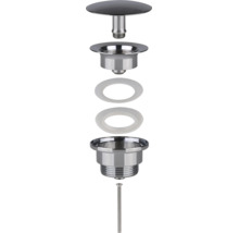 Vue éclatée d une garniture d écoulement pour lavabo composée d un bouchon, d un boîtier, de joints et d une vis de fixation.