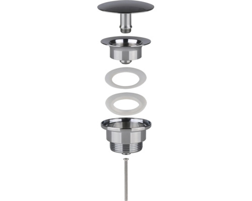Vue éclatée d une garniture d écoulement pour lavabo composée d un bouchon, d un boîtier, de joints et d une vis de fixation.