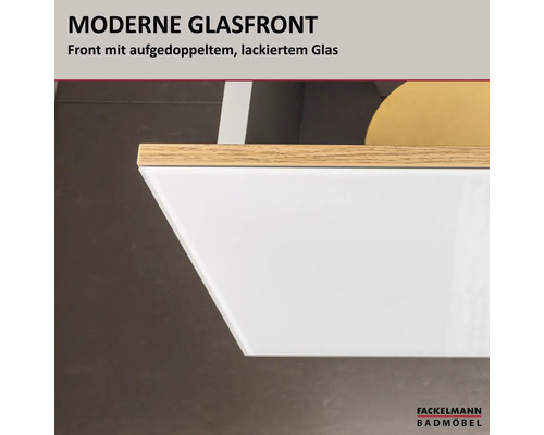 Fackelmann Badmöbel Logo. Moderne Glasfront mit aufgedoppeltem, lackiertem Glas und Kante in Holzoptik.