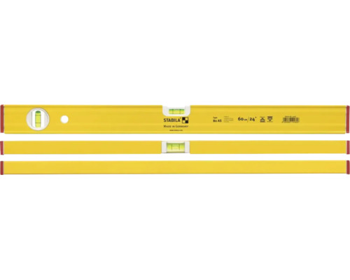 Gelbe Stabila Wasserwaage Type 80 AS, 60 Zentimeter lang, Aluminiumprofil mit zwei Libellen, Stabila Logo.