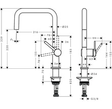 Dessin technique d'un mitigeur de cuisine avec dimensions en millimètres, vue latérale et vue de face.