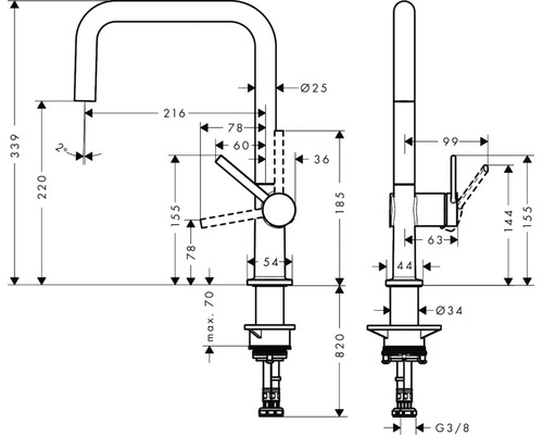 Dessin technique d'un mitigeur de cuisine avec dimensions en millimètres, vue latérale et vue de face.
