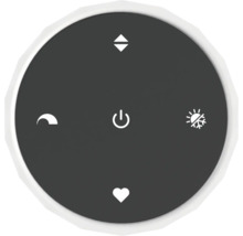 Télécommande ronde avec symboles pour marche arrêt, réglage de la température, chauffage refroidissement, mode nuit et favoris.