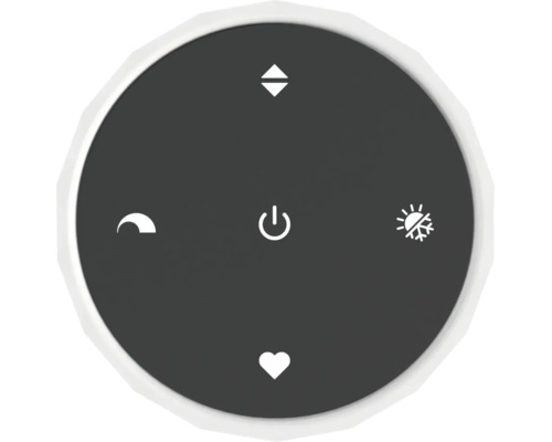 Télécommande ronde avec symboles pour marche arrêt, réglage de la température, chauffage refroidissement, mode nuit et favoris.