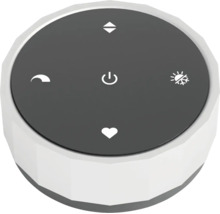 Télécommande ronde pour maison connectée, blanc-gris, avec symboles pour marche-arrêt, température, favoris, mode nuit et chauffage-climatisation.