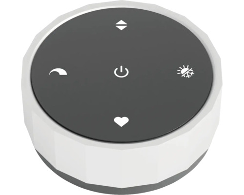 Télécommande ronde pour maison connectée, blanc-gris, avec symboles pour marche-arrêt, température, favoris, mode nuit et chauffage-climatisation.