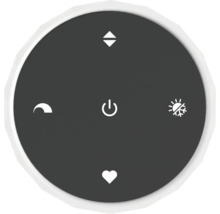 Télécommande ronde gris foncé pour maison intelligente avec icônes de mise en marche, température, modes chaud et froid, mode nuit et favoris.