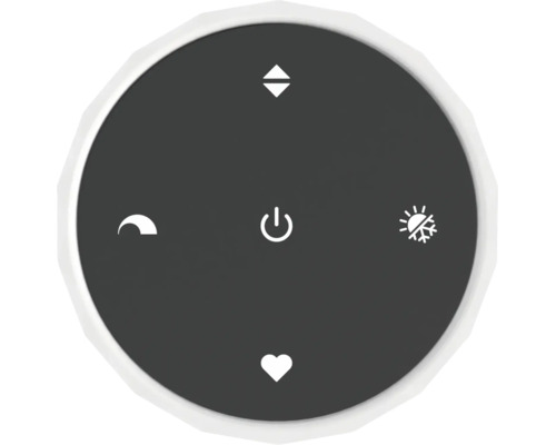 Télécommande ronde gris foncé pour maison intelligente avec icônes de mise en marche, température, modes chaud et froid, mode nuit et favoris.