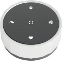 Télécommande ronde grise et blanche pour maison intelligente avec bouton d'alimentation et diverses icônes de fonctions.