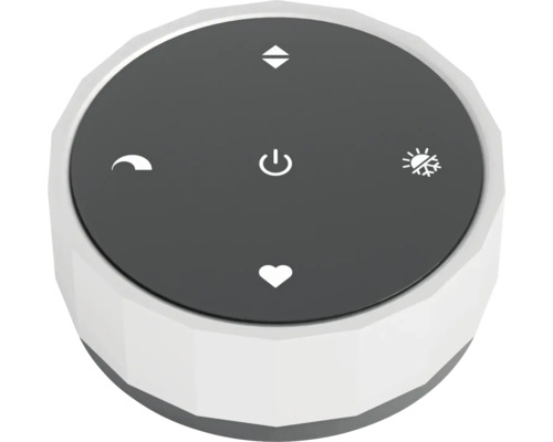 Télécommande ronde grise et blanche pour maison intelligente avec bouton d'alimentation et diverses icônes de fonctions.