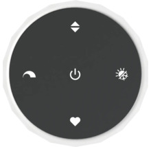 Commande ronde avec icônes pour marche-arrêt, réglage, favoris et modes de fonctionnement.