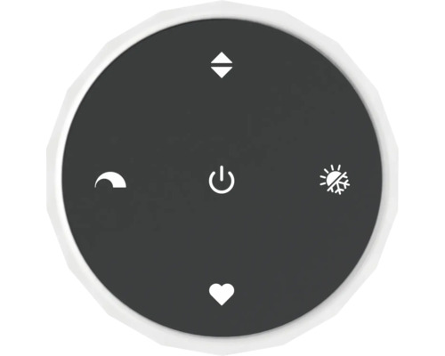 Commande ronde avec icônes pour marche-arrêt, réglage, favoris et modes de fonctionnement.