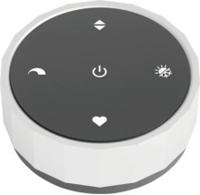 Télécommande ronde pour maison connectée avec bouton d'alimentation central et icônes pour les réglages, les modes et les favoris.