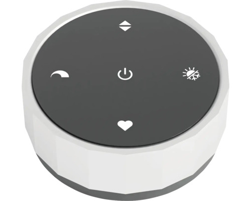 Télécommande ronde pour maison connectée avec bouton d'alimentation central et icônes pour les réglages, les modes et les favoris.