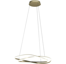 Suspension LED avec deux anneaux métalliques ondulés entrelacés en aspect doré et une fixation au plafond ronde.