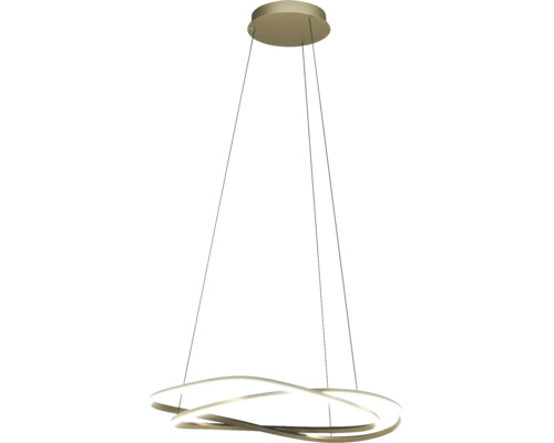 Suspension LED avec deux anneaux métalliques ondulés entrelacés en aspect doré et une fixation au plafond ronde.