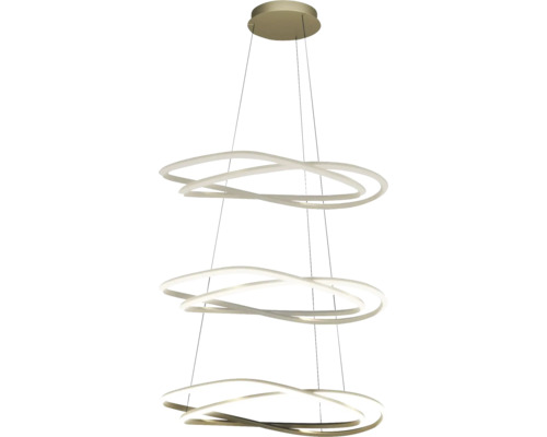 Suspension LED à trois niveaux avec des anneaux ondulés entrelacés en métal.