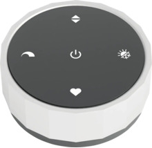 Rundes Smart Home Bedienelement mit Symbolen für Ein-Aus, Steuerung, Nachtmodus und Favoriten.