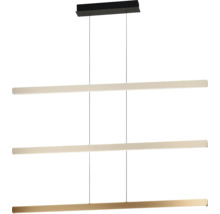 Moderne LED-Pendelleuchte mit drei horizontalen, höhenverstellbaren Lichtleisten und schwarzer Deckenhalterung.