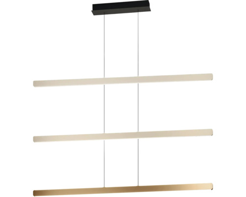 Moderne LED-Pendelleuchte mit drei horizontalen, höhenverstellbaren Lichtleisten und schwarzer Deckenhalterung.