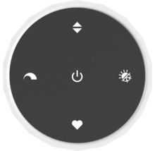 Runde Smart Home Fernbedienung mit Symbolen für Ein und Aus, Helligkeit, Nachtmodus, Farbtemperatur und Favoriten.