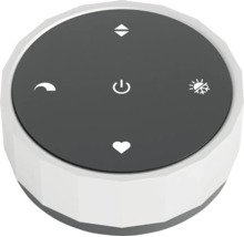 Runde weiß-graue Fernbedienung für Smart Home Geräte mit Symbolen für Ein und Aus, Nachtmodus, Moduswechsel, Favoriten und Navigation.