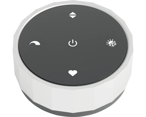 Runde weiß-graue Fernbedienung für Smart Home Geräte mit Symbolen für Ein und Aus, Nachtmodus, Moduswechsel, Favoriten und Navigation.