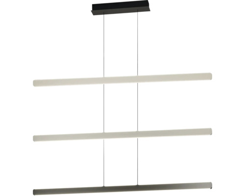 Moderne dreiflammige LED-Pendelleuchte in Schwarz mit drei horizontalen Lichtleisten und rechteckiger Deckenhalterung.