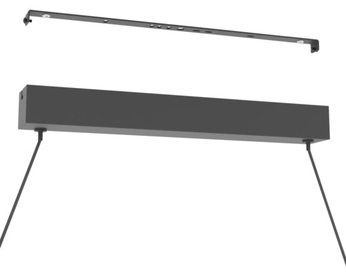 Baldaquin de plafond rectangulaire anthracite pour suspensions en métal avec rail de montage et deux câbles de suspension.