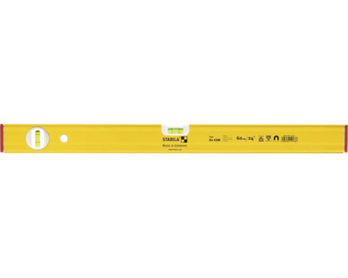Gelbe STABILA Wasserwaage Typ 80 ASM, 60 Zentimeter Länge, mit horizontaler und vertikaler Libelle und Magnetsystem.
