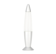 Lampe à lave en forme de fusée avec boîtier argenté et cire blanche