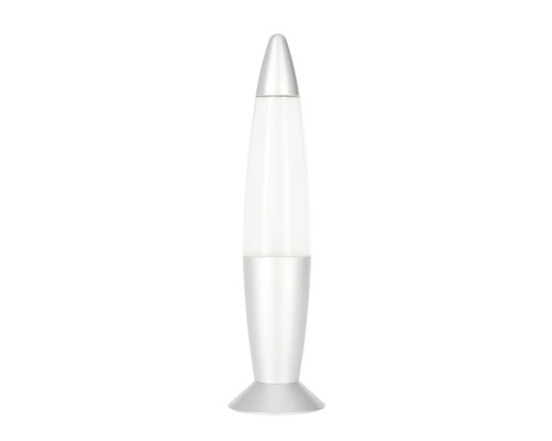 Lampe à lave en forme de fusée avec boîtier argenté et cire blanche