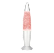 Lampe à lave en forme de fusée avec socle en métal argenté et corps en verre contenant de la cire rose.